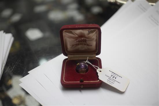 A mid 20th century silver gilt and guilloche enamel Tudor globe pendant watch, with Tudor box.